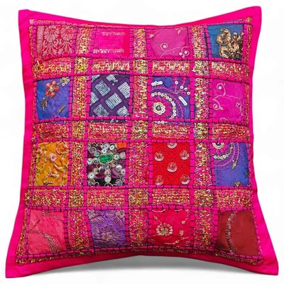 Handmade Indian Patchwork Decorative Cushion Cover - 16"x16" Boho Throw Pillow - Image 1 of 4