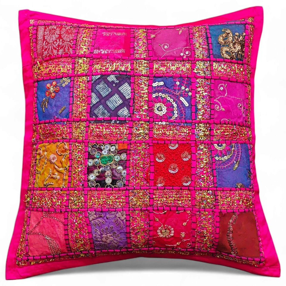 Handmade Indian Patchwork Decorative Cushion Cover - 16"x16" Boho Throw Pillow - Image 1 of 4