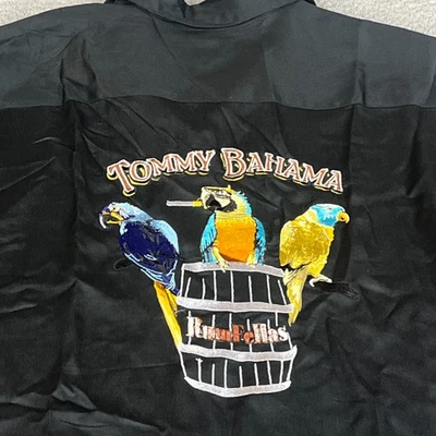 Camisa Tommy Bahama Para Hombres XL Negro Ron Fellas Loro Hawaiano Bordado Campamento Foto 1 de 4