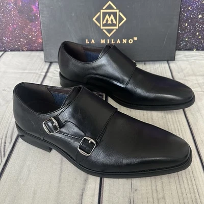 Zapatos de vestir formales de cuero negro con doble correa de monje La Milano para hombre talla 9,5 Foto 1 de 4
