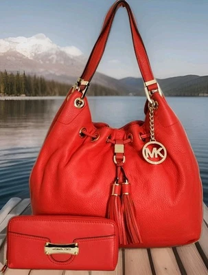 🌞MICHAEL KORS CAMDEN GRANDE BOLSA DE OMBRO DE COURO MANDARIM DOURADA +/OU CARTEIRA🌺Nova com etiquetas! - Imagem 1 de 4