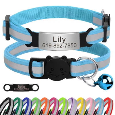 Reflective Breakaway Pet Cat Collar Personalised Name Tag w/ Bell Quick Release