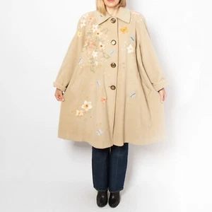 Abrigo de Boda Bordado a Mano Floral Crema Pura Lana Abrigo Largo Mujer Talla L - Imagen 1 de 10