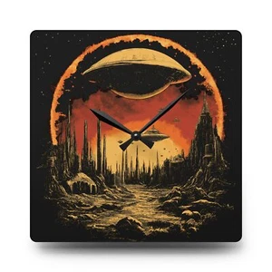 Vintage Sci-Fi Acrylic Wall Clock, Retro Home Decor, UFO Clock, Space Art Clock, - Picture 1 of 7
