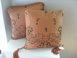 Bombay 16x16 Floral Beaded Copper Satin Pillows w/Tassels - Picture 1 of 4