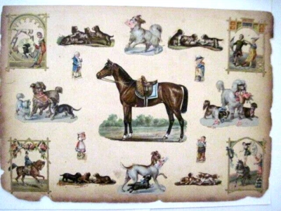 Hermosa página de álbum de recortes victoriano troquelado de doble cara con caballo, perros, flores* Foto 1 de 4
