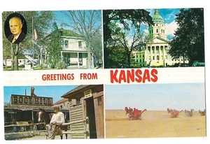 KANSAS 4 Pic Eisenhower Boothill Mat Dillon Wheat Harvester Capital KS Postcard - Picture 1 of 2