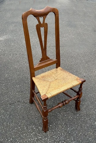 18th c Queen Anne walnut side chair yoked crest  vasiform splat w double heart Cover