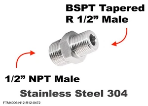 1/2" NPT Male to BSPT Tapered R 1/2" Stainless Sensor Adaptor Fitting Conversion - Picture 1 of 4