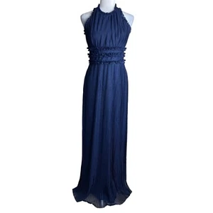 JS Collections Dark Blue Pleated Mesh Halter Maxi Gown Formal Prom Women's Sz 6 - Picture 1 of 9