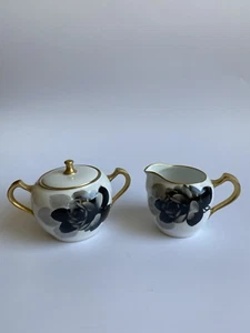 Okura Art China Black Rose Creamer & Sugar Bowl Gold Gilt ~Gorgeous~ - Picture 1 of 16