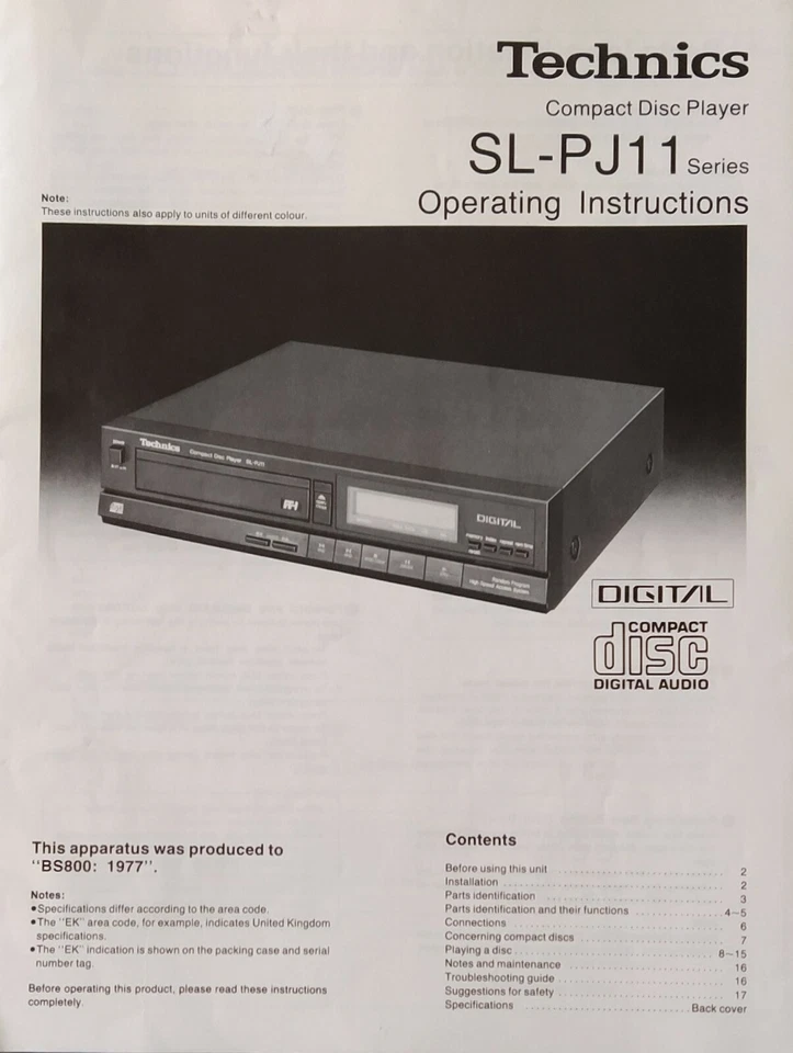 Technics SL-PJ11  Compact Disc Player  - Operating Instructions - USER MANUAL - Image 1 of 1
