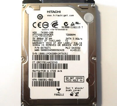 Hitachi HTS725016A9A364 PN: 0A78271 MLC:DA3332 Thailand 160gb 2.5" Sata JUN-10 - Image 1 of 2
