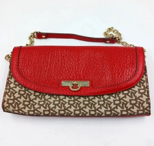 DKNY Logo Clutch Schultertasche Chino Orange Leder Gold Kette Riegel Klappe - Bild 1 von 10