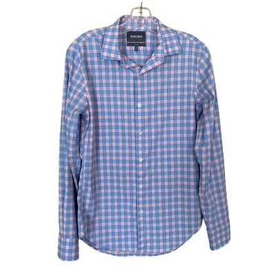 BONOBOS 男式修身尼龙氨纶粉色和蓝色格子纽扣衬衫 XS 码 — 第 1/4 张图片