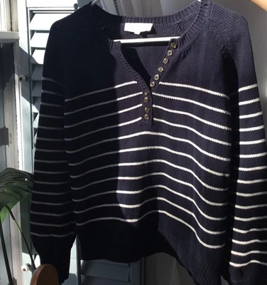 Sezane LÉONTINE Jumper Cotton Knit Button Sweater Pullover Navy Ecru Size Large - Image 1 of 4