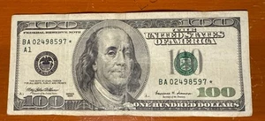 Circulated 1999 $100 DOLLAR BILL STAR NOTE US BA02498597 - Picture 1 of 2