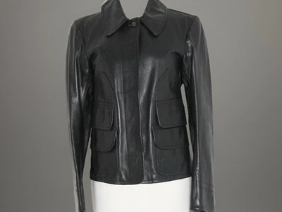 CALVIN KLEIN Black Leather Collared Womens Jacket Size 4 - Image 1 of 4