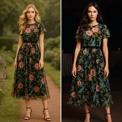 Vestido midi Mac Duggal Floral Illusion manga gorra negro multi transparente nuevo con etiquetas talla 8 Foto 1 de 4