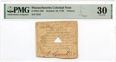 Massachusetts Colonial Note Fr#MA-256 October 16, 1778 4d PMG VF-30 *Paul Revere - Image 1 of 3