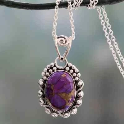 Viola Rame Gemma Pietra Turchese 925 Argento Sterling Fatto a Mano Ciondolo S-42 - Immagine 1 di 4