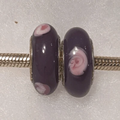 2件套潘多拉紫色穆拉诺玻璃小饰品带粉红色圆点 — 第 1/2 张图片