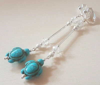 OHRCLIPS CLIPS VERSILBERT TÜRKIS HOWLITH SCHILDKRÖTEN KRISTALL PERLEN - Bild 1 von 3