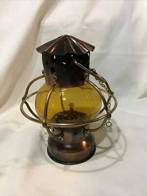 VTG Mini Brass Metalware 6’” Oil Kerosene Lamp, Round Shape, Amber Chimney Shade - Image 1 of 4