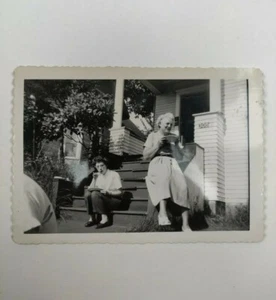 Vintage B&W Picture - Photo of Two Women on Porch Eating their Lunch 3.5"x5" - Picture 1 of 4