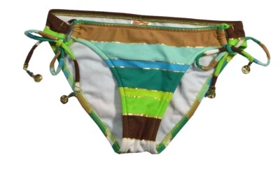 Roxy 70's LOWRIDER Green Multi Striped Low Tie Side Swim Junior's Bikini Bottom - Image 1 of 4