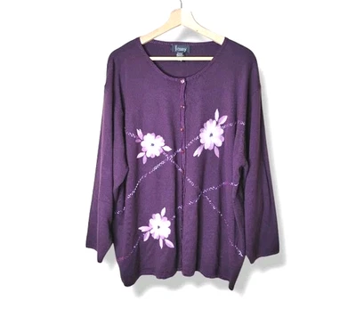 Jenny Purple Cardigan Sweater 3X Felted Floral Beaded Cottagecore Feminine Knit - Image 1 of 4