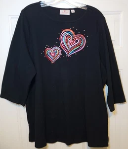 Ladies QUACKER FACTORY Black 3/4 Sleeve Thermal Top Heart BLING, Plus 1X - Picture 1 of 2