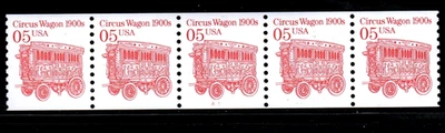Stamp USA 5¢ Circus Wagon 1900s - Plate #A1 Coil Strip of 5 MNH stamps SC#2452a - Image 1 of 2