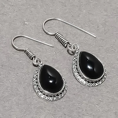 Orecchini pendenti gioielli goccia moda pietra preziosa onice nera 1,7" SR 5449 - Immagine 1 di 4