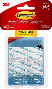 Command Mini Haken 18er Pack + 24 Streifen transparent beschädigungsfrei Wandhaken halten 225g - Bild 1 von 11