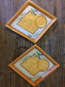Set of 2 Hand Painted Diamond Shaped Orange Lusterware Plates Birds Flower Japan - Picture 1 of 6