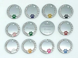 Personalised Engraved 25mm Diamante Paw Pet Tag Dog Cat Pet Tag ID Collar Tags - Picture 1 of 11
