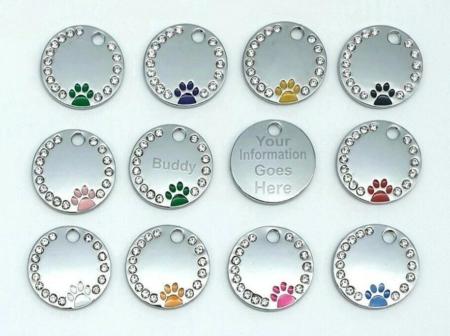 Personalised Engraved 25mm Diamante Paw Pet Tag Dog Cat Pet Tag ID Collar Tags - Image 1 of 1