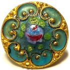 LOVELY ANTIQUE FRENCH VICTORIAN TURQUOISE CHAMPLEVE ENAMEL BUTTON w/ROSE