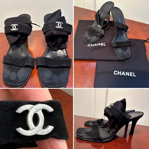 CHANEL Size 37.5/US 7 Black Suede CC-Monogram Slip-On Open-Toe Sandals Heels - Picture 1 of 16