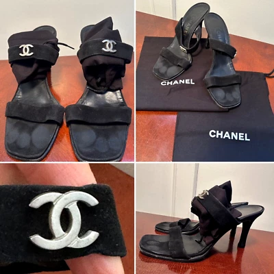 CHANEL Size 37.5/US 7 Black Suede CC-Monogram Slip-On Open-Toe Sandals Heels - Image 1 of 4
