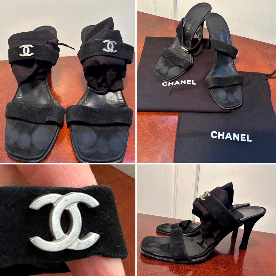 Sandalias de tacón Chanel talla 37,5/US 7 negras gamuza monograma CC-sin cordones punta abierta Foto 1 de 4
