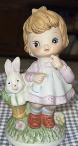 1984 Hand Painted 6" Porcelain Girl Standing By A Basket of Bunnies. Vintage - Picture 1 of 10