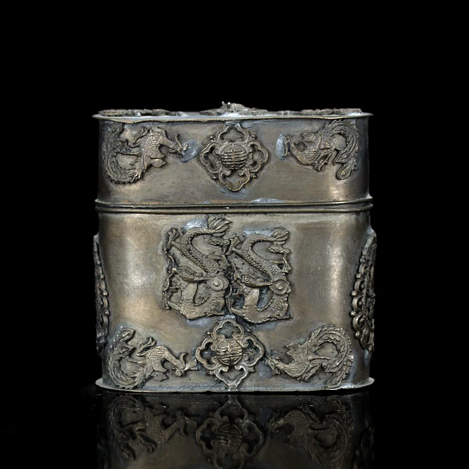 Caixa padrão dragão chinesa antiga prata tibetana feita à mão - Imagem 1 de 4