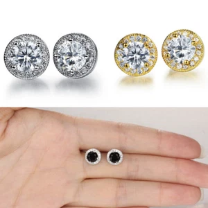 Men's round 8mm simulated diamond Studs 18k white gold filled stud earrings UK - Picture 1 of 11