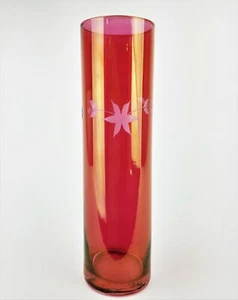 Vintage Cranberry Cut To Clear Art Glass Vase Simple Elegant Leaf Design  11" - Picture 1 of 12