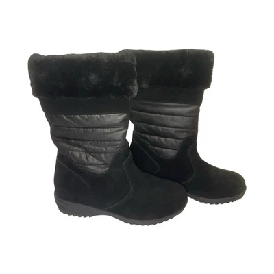 Lands End Womens Black Suede Faux Fur Lined Winter Boots Warm Cozy Mid Calf Sz 7 - Image 1 of 4