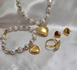 18K Gold Plated Heart Natural Pearl Necklace Bracelet Earrings Ring Jewelry Set - Picture 1 of 4