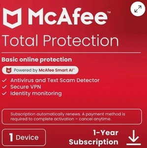 McAfee Total Protection 2025 | 1 appareil | Directement depuis McAfee | Livraison le jour même - Photo 1/1