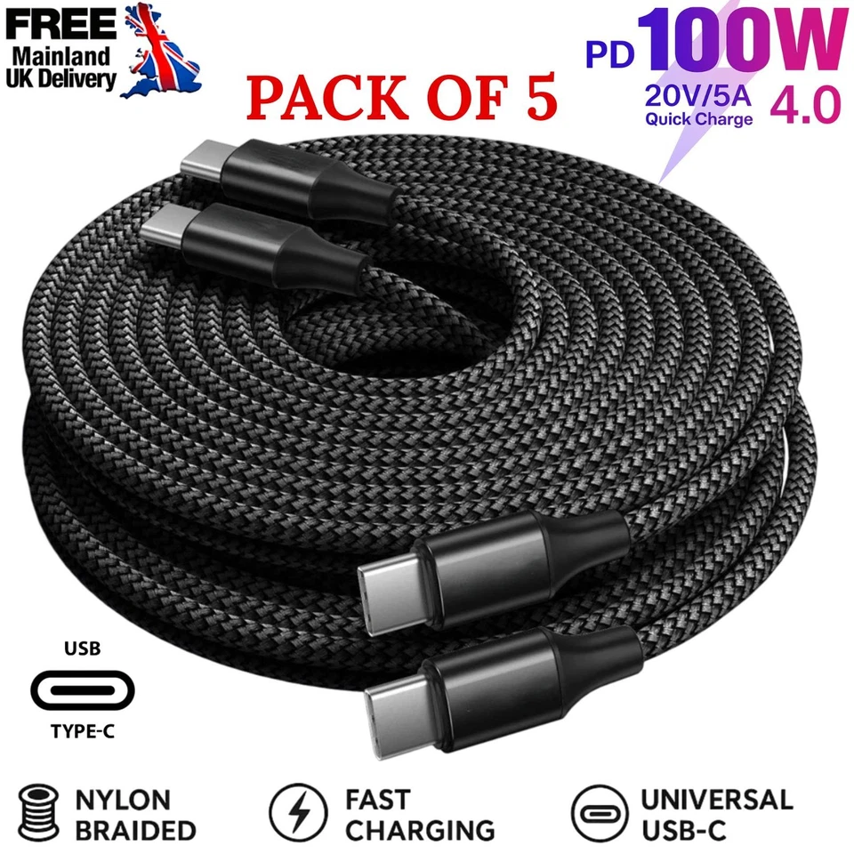 Type C to Type C Cable PD 100W Fast Charger Braided Long USB Lead For Samsung - Image 1 of 4